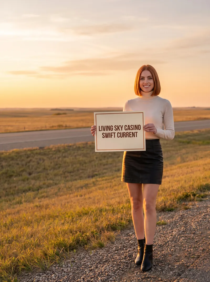 Generated photo of a character created for this guide: a young woman with a copper-red bob, a cream turtleneck and a black leather mini skirt stands at the edge of the prairie at golden hour, holding a card that reads Living Sky Casino, Swift Current.