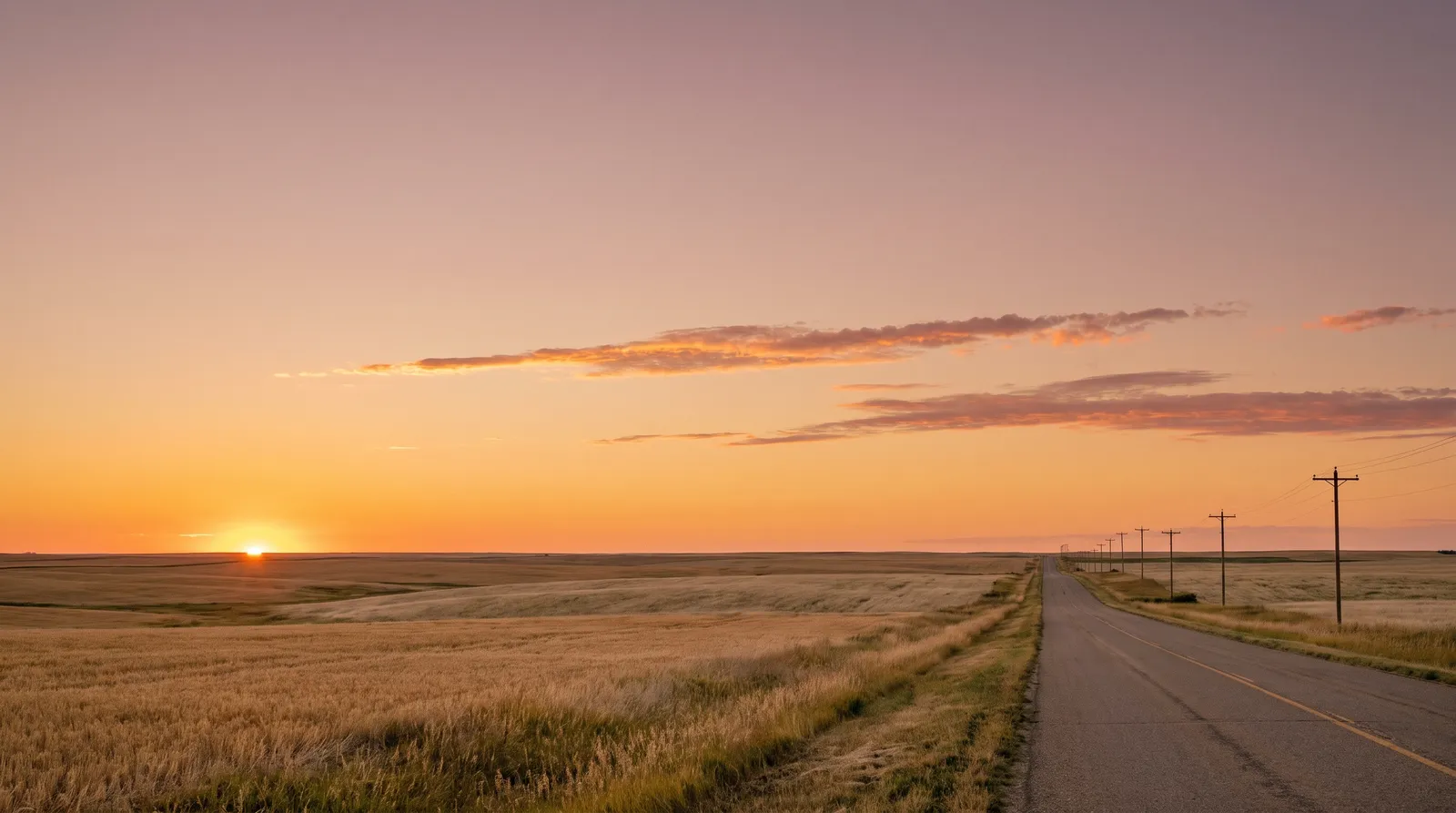 Photo made with an image generator: open Saskatchewan prairie at sunset, golden grass, a straight empty road with power poles and a wide amber and rose sky.