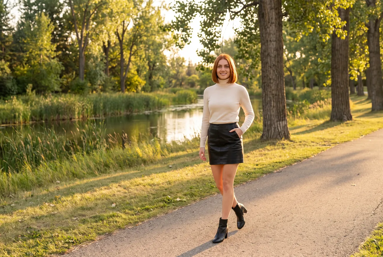 The same character walks along a paved path beside a calm creek under tall cottonwood trees in low evening sun.